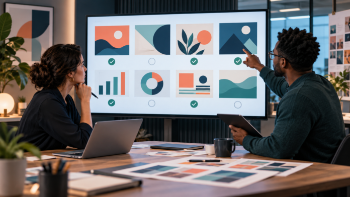 Generative AI marketing team reviewing campaign concepts before approval