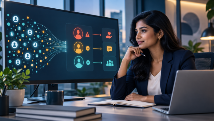 Predictive AI for churn shown as a marketer reviewing customer risk signals